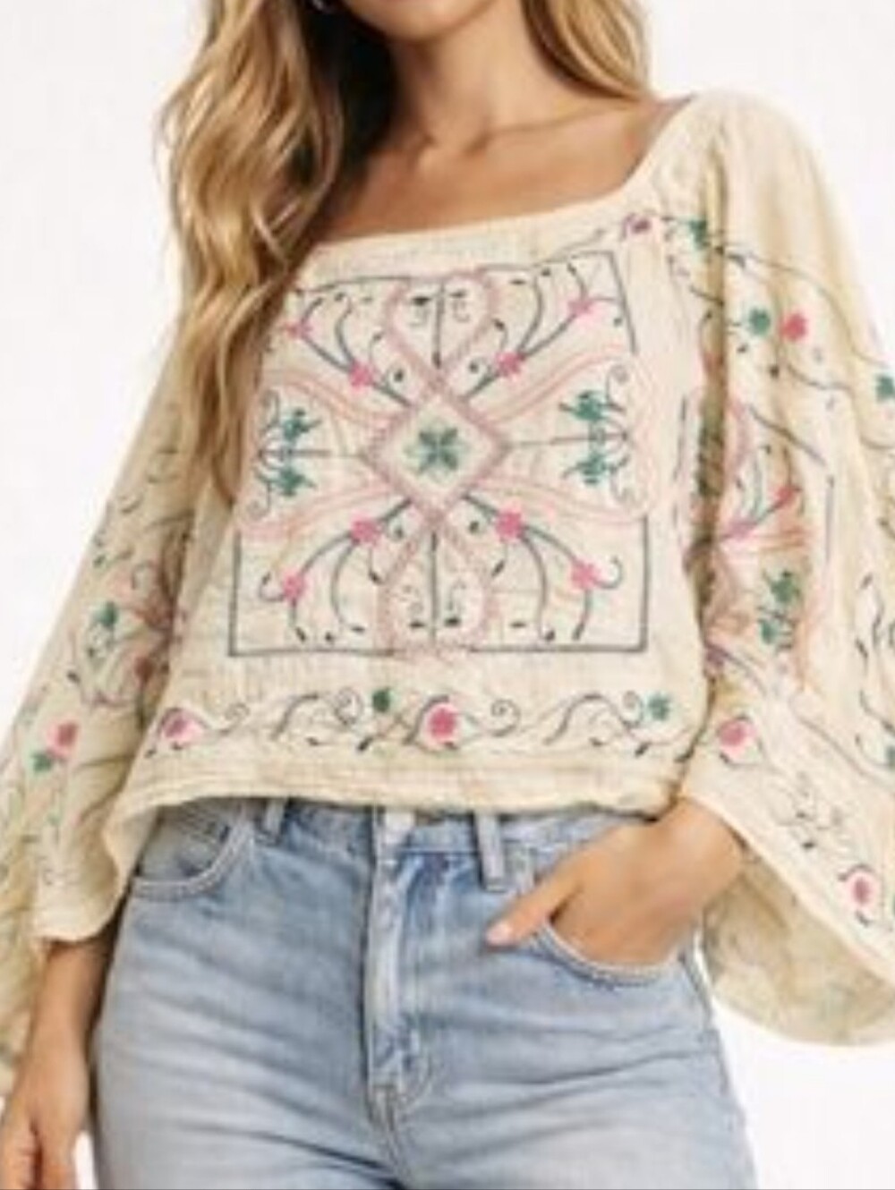 Chico's Cream Embroidered Floral Boho Blouse with Pink & Teal Accents - Picture 8 of 10
